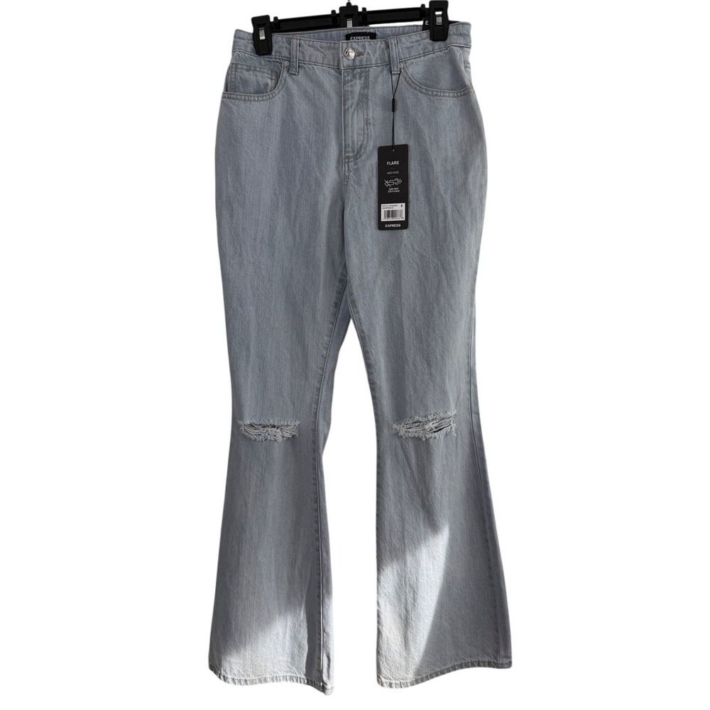 Express Flare Mid Rise Jeans Light Wash Distressed Rigid Front Stretch Back 6